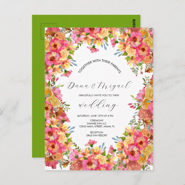Bright Florals Pink Colourful Watercolor Wedding  Postcard (Front/Back)