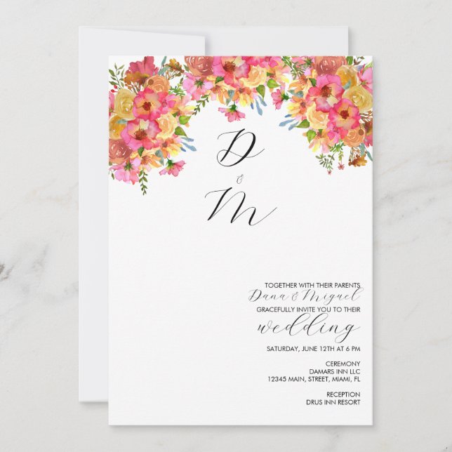 Bright Florals Pink Yellow Watercolor Wedding   Invitation (Front)