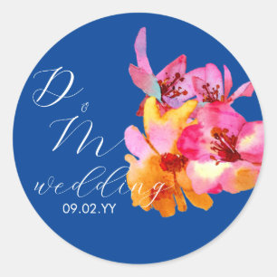 Bright Florals Watercolored Monogram Blue Wedding Classic Round Sticker