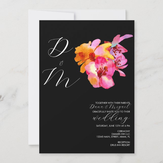 Bright Florals Watercolored Monogram Wedding  Invitation (Front)