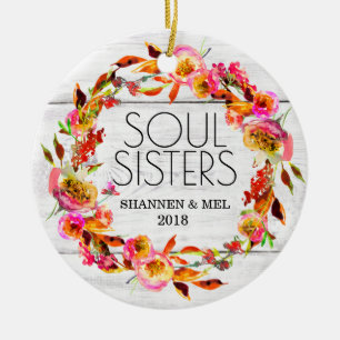 Bright Florals & White Shiplap Soul Sisters Friend Ceramic Tree Decoration