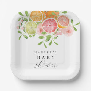 Bright flower and citrus baby shower paper plate