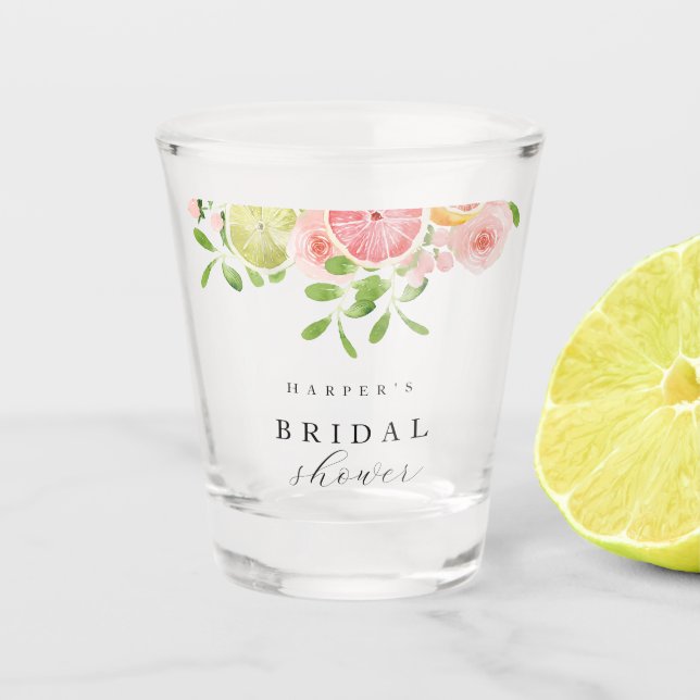 Bright flower and citrus bridal shower shot glass (Front)