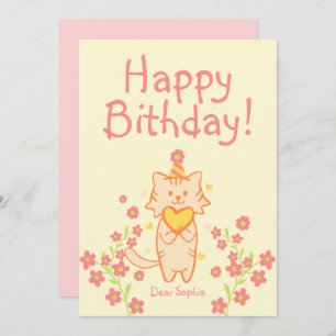 Bright Flower&Cute Cat wearing Hat&Heart Birthday 