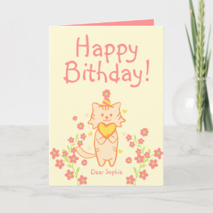 Bright Flower&Cute Cat wearing Hat&Heart Birthday Card