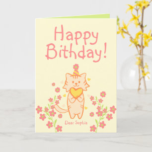 Bright Flower&Cute Cat wearing Hat&Heart Birthday  Card