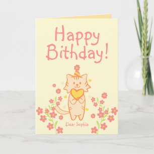 Bright Flower&Cute Cat wearing Hat&Heart Birthday Card