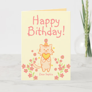 Bright Flower&Cute Cat wearing Hat&Heart Birthday Card