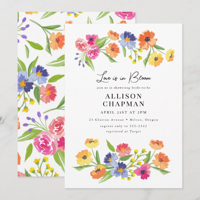 Bright Flower Garden Pink Orange Bridal Shower Invitation (Front/Back)