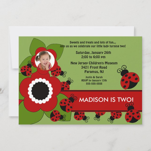 Bright flower & Ladybug Photo Birthday Invitation (Front)