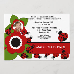 Bright flower & Ladybug Photo Birthday Invitation