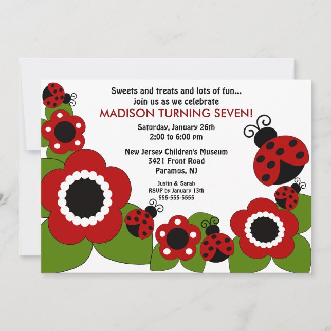 Bright flower & Ladybugs Birthday Invitation (Front)