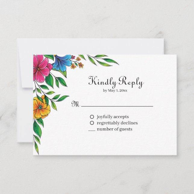 Bright Flower Spring Summer Wedding QR code RSVP Card (Front)