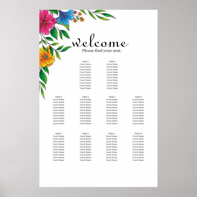 Bright Flower Spring Summer Wedding Seating Chart (Front)