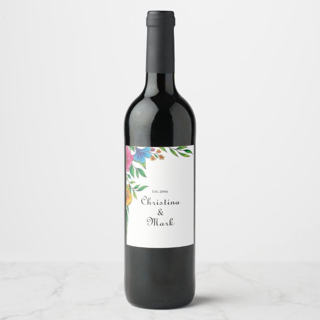 Bright Flower Spring Summer Wedding Wine Label (Front)