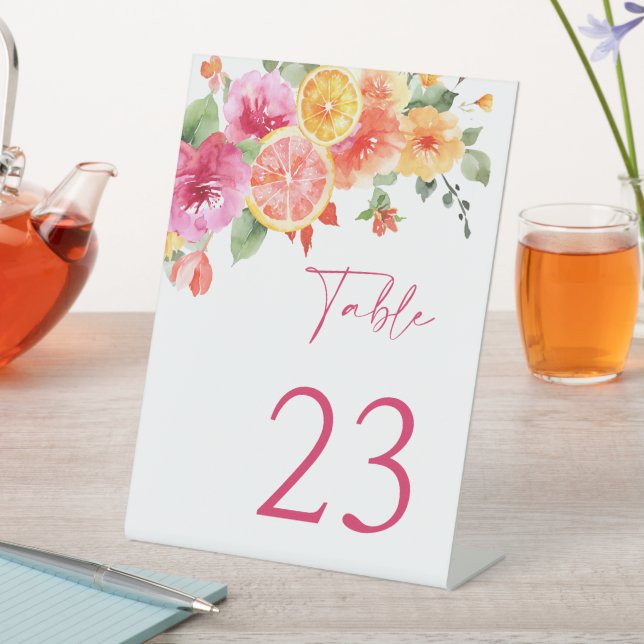 Bright Flowers Citrus Bridal Shower Table Number Pedestal Sign (In SItu)