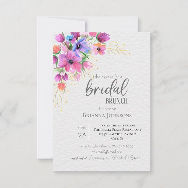 Bright Flowers Golden Greenery Bridal Brunch Invitation (Front)