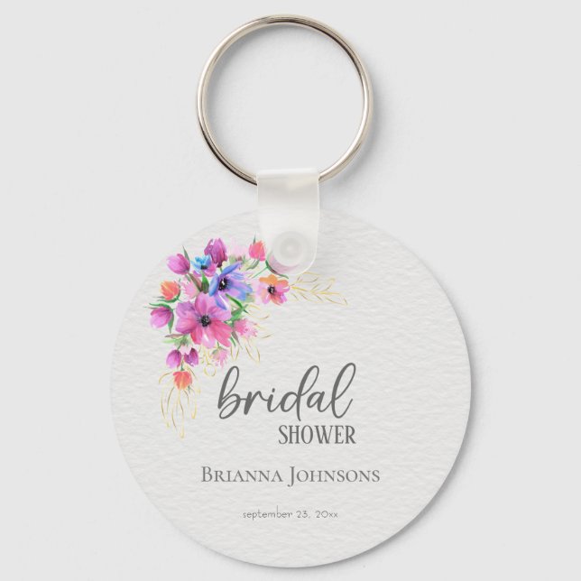 Bright Flowers Golden Greenery Bridal Shower Key Ring (Front)