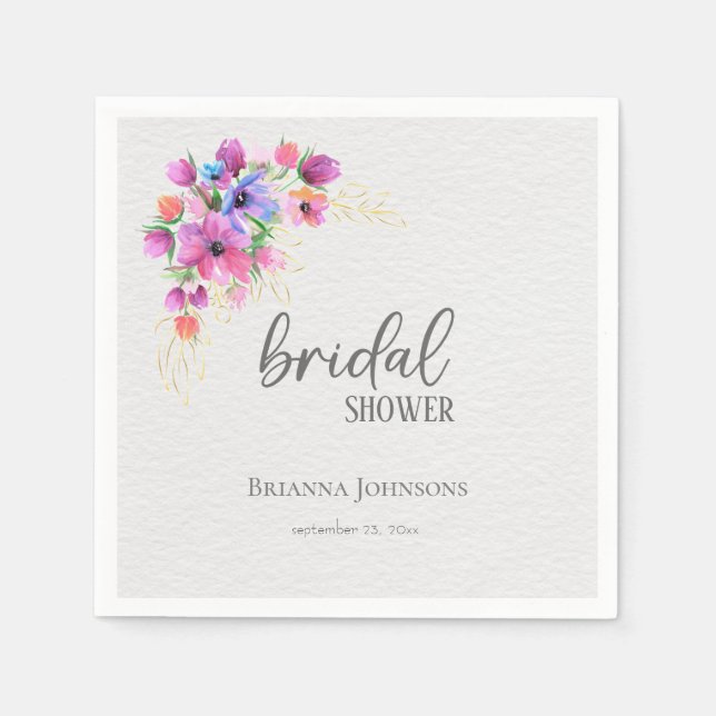 Bright Flowers Golden Greenery Bridal Shower Napkin (Front)