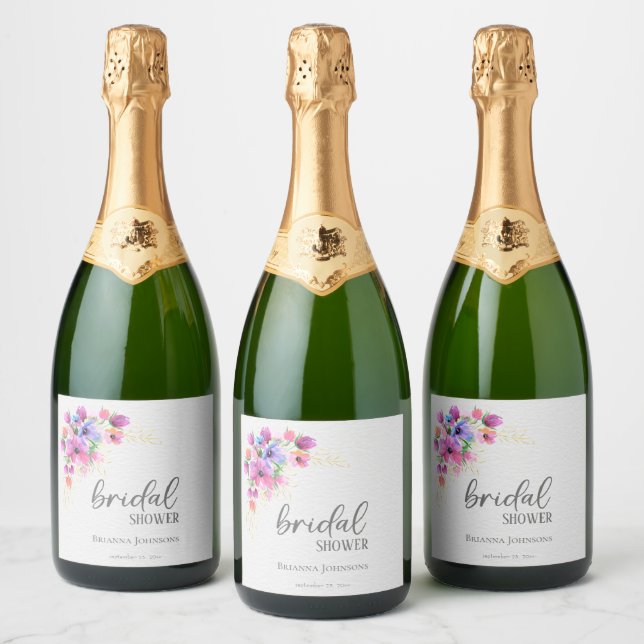 Bright Flowers Golden Greenery Bridal Shower Sparkling Wine Label (Bottles)