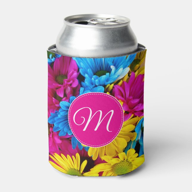 Bright Flowers Pink Monogram Can Cooler (Can Front)