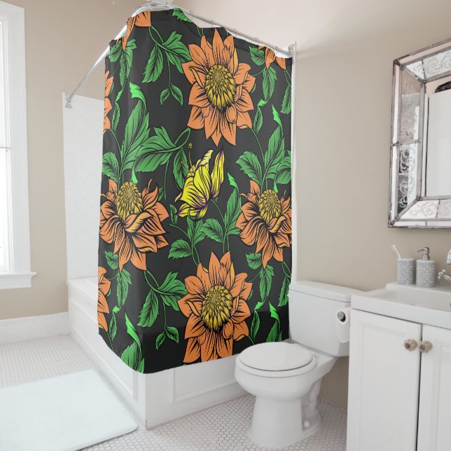 Bright Flowers Pop from Black Background Shower Curtain (In Situ)