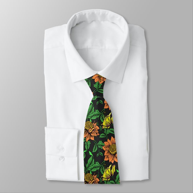Bright Flowers Pop from Black Background Tie (Tied)