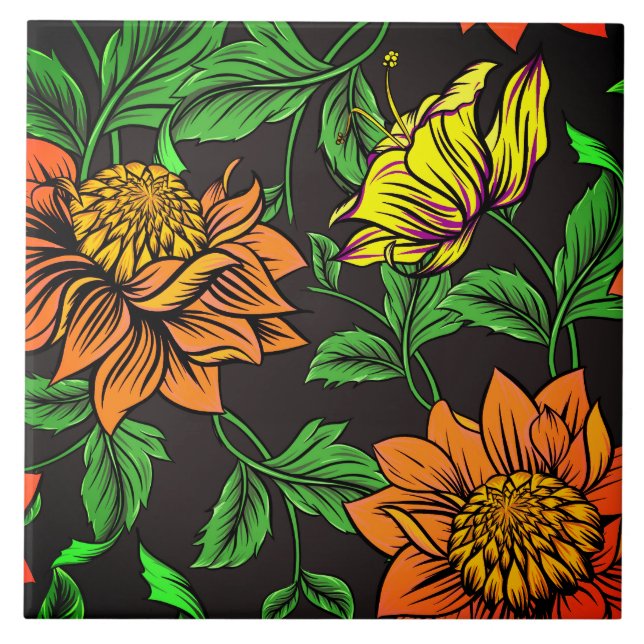 Bright Flowers Pop from Black Background Tile (Front)