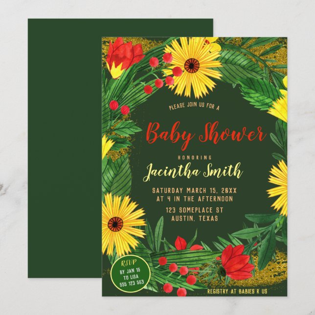 Bright Flowers Tropical Baby Shower Party Invite (Front/Back)