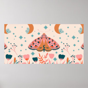 Bright Folk art Moths pattern Poster