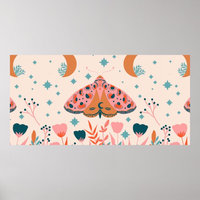 Bright Folk art Moths pattern Poster (Front)