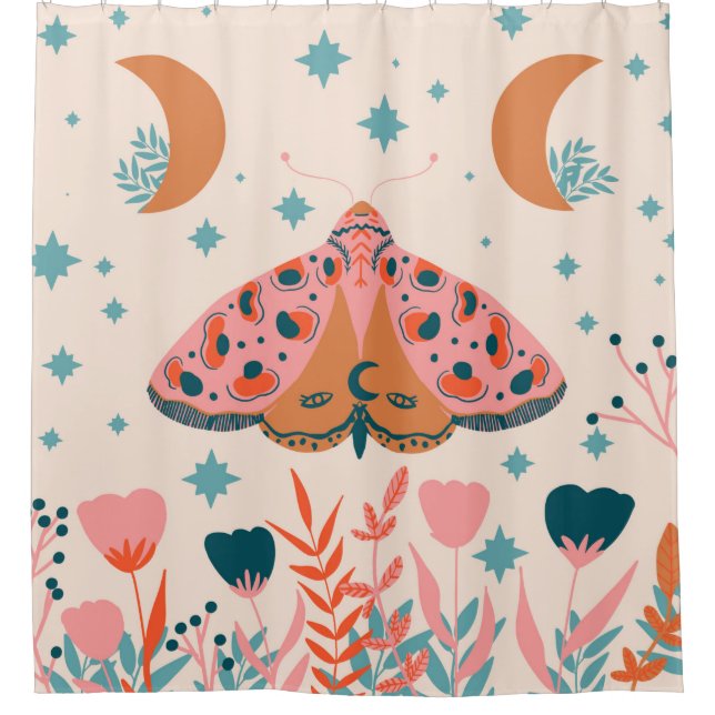 Bright Folk art Moths pattern Shower Curtain (Front)