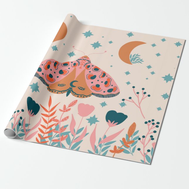 Bright Folk art Moths pattern Wrapping Paper (Unrolled)