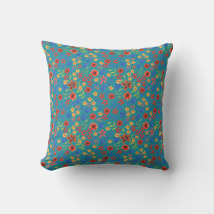 Bright Folk Art Style Floral Mini-print on Teal Cushion