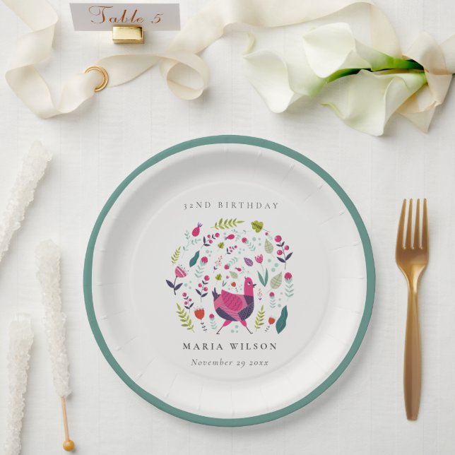 Bright Folk Farm Floral Bird Any Age Birthday  Paper Plate (Wedding)