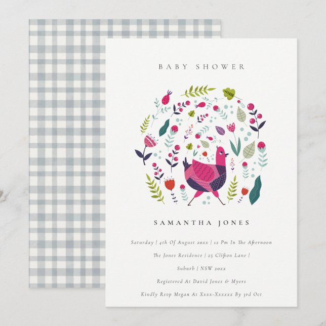 Bright Folk Farm Floral Birdie Baby Shower Invite (Front/Back)