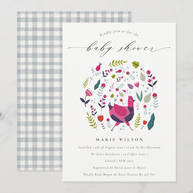 Bright Folk Farm Floral Birdie Baby Shower Invite (Front/Back)
