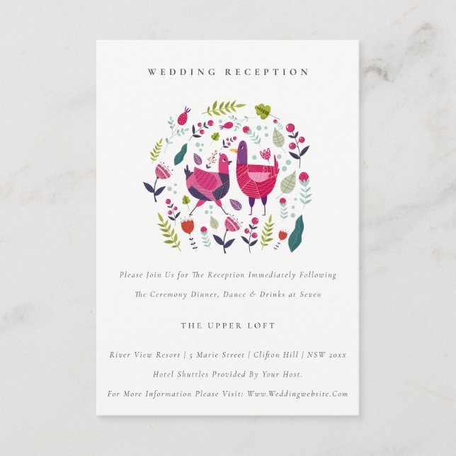 Bright Folk Farm Floral Birds Wedding Reception Enclosure Card (Front)