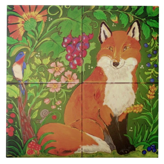 Bright Forest / Fox Bird / Flower Grapes Art Mural Tile (Front)