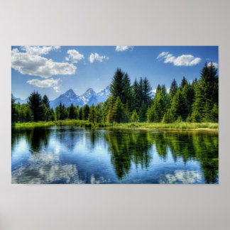 Bright Forest with Mountain and Lake Poster