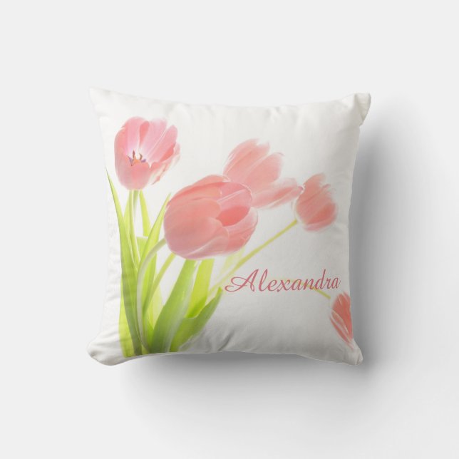 Bright, Fresh, Pink Tulip Bouquet on white name Cushion (Front)