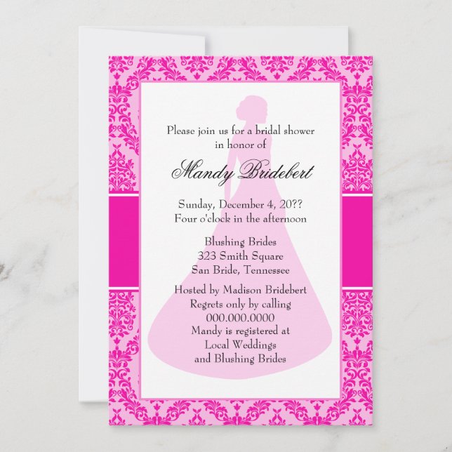 Bright Fuchsia Damask Bridal Shower Invitation (Front)