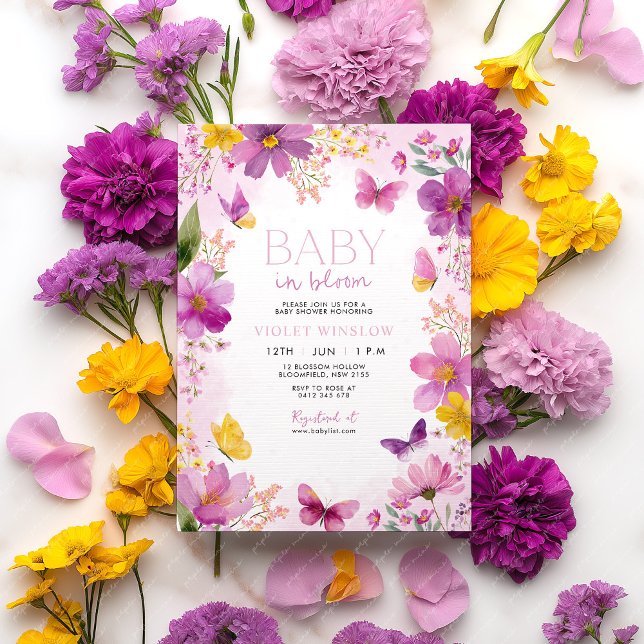 Bright Fuchsia Floral Baby Shower Baby in Bloom Invitation (Purple Yellow Floral Baby In Bloom Invitation Baby Shower.)