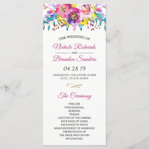 Bright Fuchsia Gold Blossom Floral Wedding Program Programme