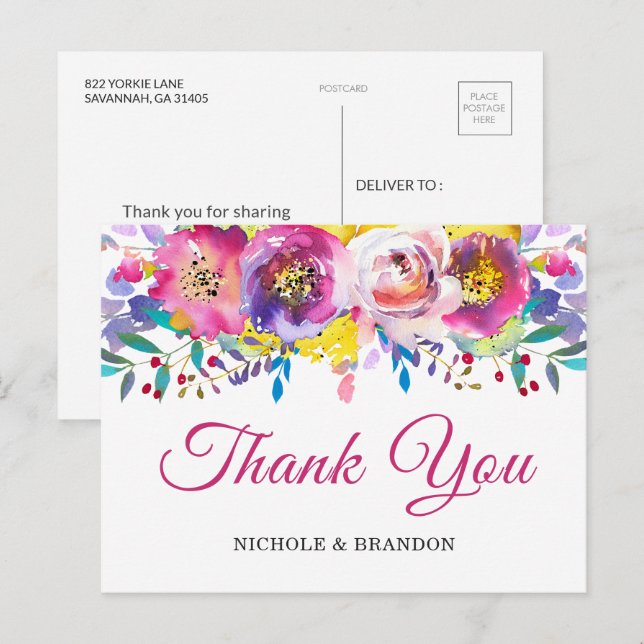 Bright Fuchsia Gold  Floral Thank You Postcard (Front/Back)