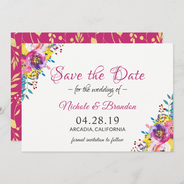 Bright Fuchsia Gold Flowers Spring Save The Date (Front/Back)
