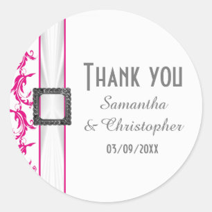 Bright fuchsia pink and white lace thank you classic round sticker