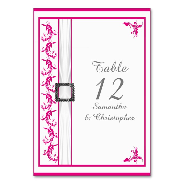 Bright fuchsia pink damask white lace wedding table number (Front)