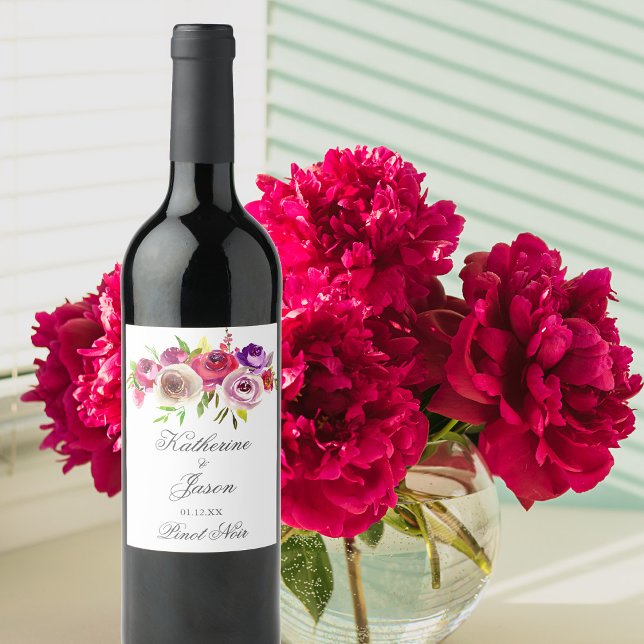 Bright Fuchsia Pink Floral Romantic Garden Wedding Wine Label (Creator Uploaded)