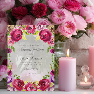 Bright Fuchsia Pink Floral Romantic Wedding Vellum Invitations